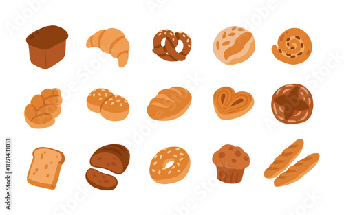 Bakery and pastry icons set. Patisserie assortment. Croissant, baguette, roll, bun and cookie, muffin, sourdough bread. Flat vector illustration isolated on white background