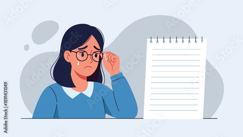 Young woman with glasses crying and touching her face with a teardrop falling next to a blank spiral notepad.