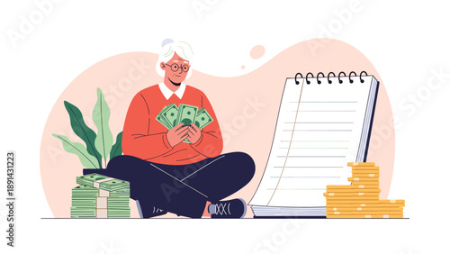 Elderly woman sitting cross legged holding a fan of money next to a notepad and stacks of gold coins for savings.