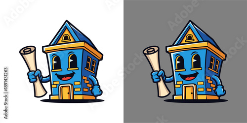 Creative Cartoon House Holding a Scroll, Fun Illustration, Vibrant Colors, Playful Design, Whimsical Setting