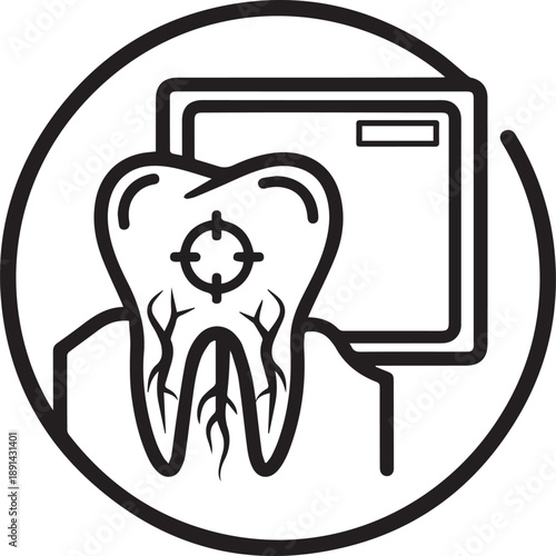 Tooth with target icon and x ray on screen vector illustration representing dental diagnosis, treatment planning, and oral health examination for accurate care