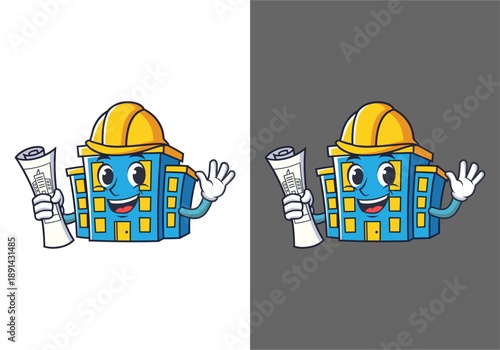 Construction Mascot Celebrating Blueprints in a Fun Graphic Style, Digital Illustration, Playful Environment