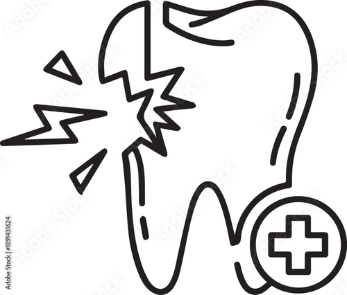 Broken tooth icon representing dental damage tooth fracture with pain symbol and medical cross indicating need for urgent dental treatment emergency dental care concept