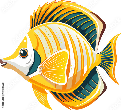 Beautiful tropical sea fish Threadfin Butterflyfish. Cool print for clothes, cups, plates, goods. Sea world. Logo for seafood, fish restaurant, pet store. Element for design of sign, label, packing, w