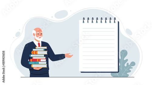 Distinguished senior educator holding stack of books and pointing to blank notebook page for educational lesson presentation.