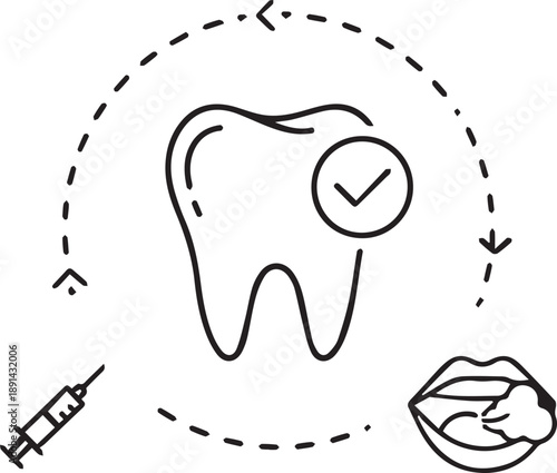 Dental care icons and symbols set for oral hygiene health and treatment services including tooth syringe lips and check mark for healthy smile professional dentist illustration