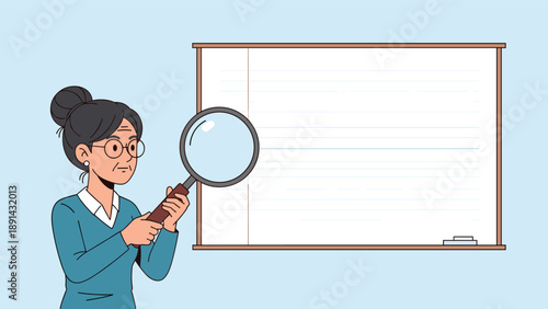 Senior woman investigator using magnifying glass to inspect whiteboard for detailed analysis or research in classroom setting.