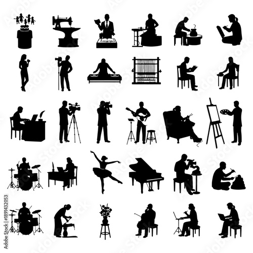 Set of 36 creative people silhouettes in various artistic and professional activities: painting, drawing, sculpting, sewing, playing piano, guitar and drums, dancing, filming, photographing, writing 