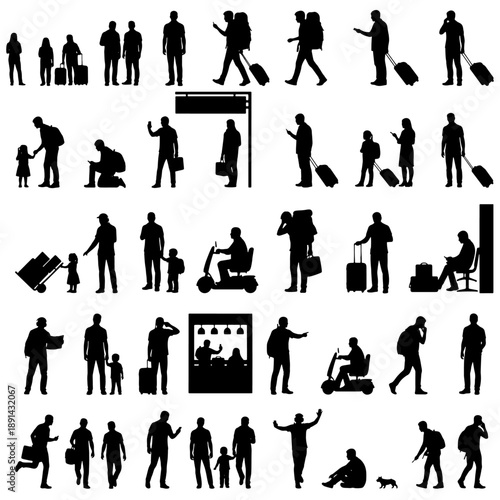 Set of 36 traveler silhouettes in various travel situations: walking with suitcase, waiting, checking phone, family with children, airport security, boarding gate, carrying bags, sitting