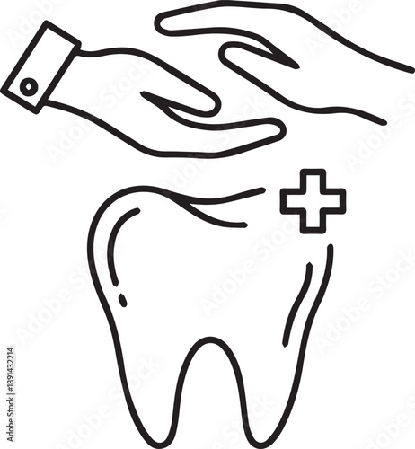 Dental care concept with hands protecting tooth icon and medical cross symbol line art illustration for family dentistry health insurance and professional stomatology safety services