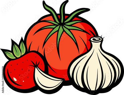 tomato vector illustration with garlic cloves and onion pieces.  silhouette vector black , white background 
See less