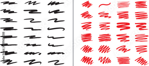 A comprehensive set of black and red hand-drawn vector scribbles and textured marks. Features dense hatching, expressive zigzags, and chaotic pen scratches for artistic graphic design.