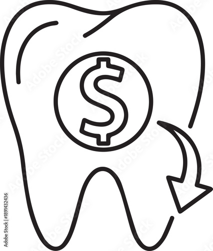Dental expense or insurance icon showing a tooth with a dollar sign coin and a curved arrow indicating cost or payment