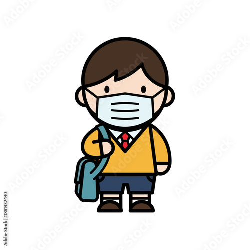 Cute elementary school boy cartoon character in uniform with a face mask and backpack, depicting child safety, health, and a responsible return to school