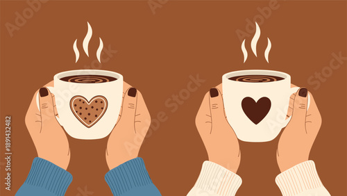 Top view of two hands holding warm coffee mugs with heart decorations on brown background representing love and cozy friendship.