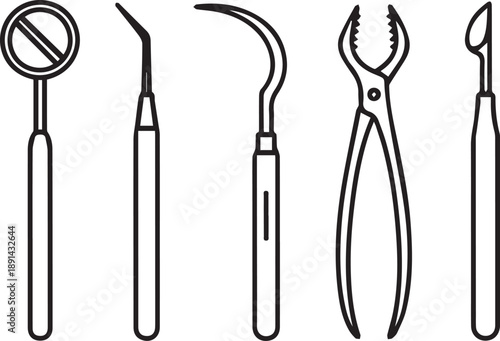 Set of dental instruments including mirror scaler probe forceps and extractor line art vector illustration on transparent background representing dental tools