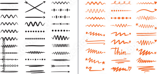 A diverse collection of black and orange vector dividers and decorative lines, featuring wavy, dotted, and hand-drawn arrow elements perfect for creative layouts and minimalist accents.