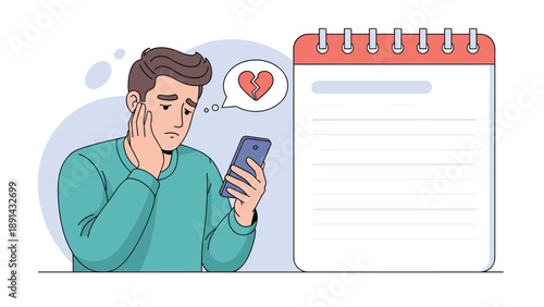 Sad young man looking at mobile phone with broken heart symbol next to blank notebook page representing relationship breakup.