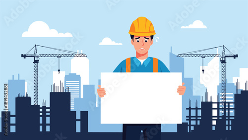 Worried construction worker in safety gear holding large blank white sign with city construction site and cranes in background.