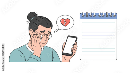 Emotional young man in glasses looking at phone with broken heart icon next to blank lined notepad for writing personal thoughts.