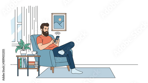 Bearded man sitting in comfortable armchair using smartphone with wifi symbol for wireless home internet and social browsing.
