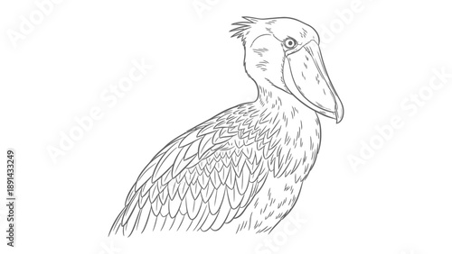 Shoebill Stork Illustration: A striking monochrome illustration of a Shoebill Stork, showcasing its distinctive avian form and unique features, ready for coloring and creative projects.