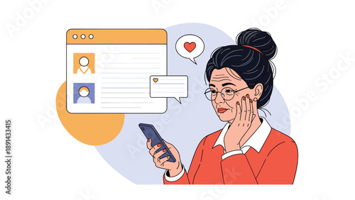 Senior woman looking anxious while using smartphone next to digital dating profile page with heart message notification icon.