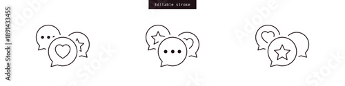 Favorite messages icon set ; speech bubbles with heart, star, and chat dots icons . Minimalist line icons for social media apps, and digital communication designs. editable stroke