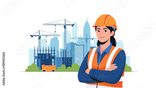Confident female construction worker in safety gear with arms crossed standing before city skyline development and cranes.