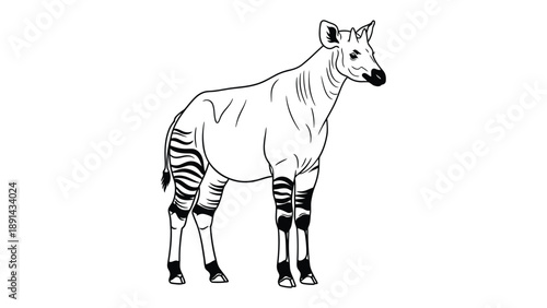 Okapi Illustration: The rare Okapi stands tall, its unique blend of zebra-striped legs and a deer-like body showcased in a detailed illustration. A study of an uncommon creature.