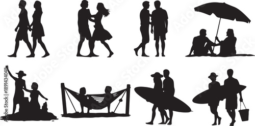 Collection of diverse silhouettes depicting people engaged in various summer activities and beach scenes .silhouette degin
