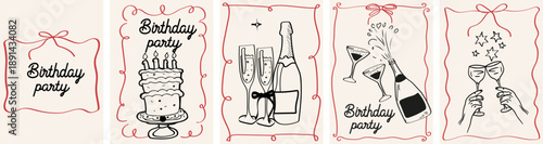 Hand drawn girly birthday poster. Birthday party card. Quirky frame with celebration decor, cake, cocktail. Coquette style for invitation.