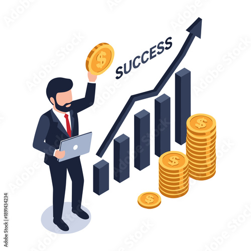 Entrepreneur Holding Coin with Graph in Office Environment