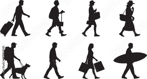 Diverse group of people walking and carrying luggage and bags in silhouettestyleontransparentbackground .silhouette degin