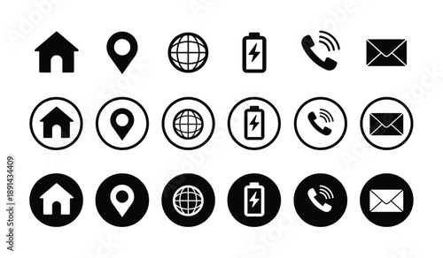 Essential black and white web icon set. Includes home, location pin, globe, battery, phone, and mail symbols in flat, circled, and solid badge styles for mobile app and UI/UX interface design.