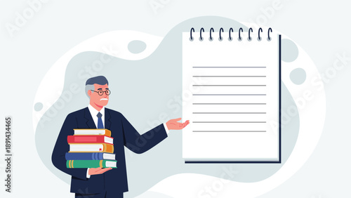 Professional senior man in business suit holding a stack of colorful books while pointing to a large blank notepad for his presentation.