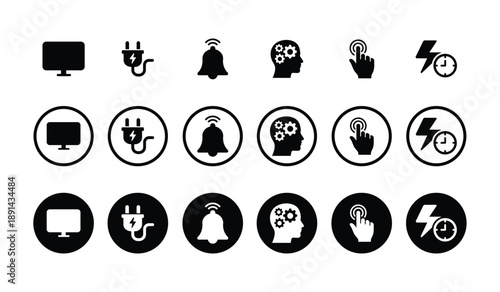 Modern technology icon set in black and white. Features monitor, power plug, notification bell, brain gears, touch gesture, and fast charging symbols in flat, circled, and solid badge styles.