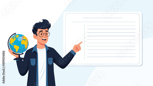 Enthusiastic male teacher holding a terrestrial globe and pointing at a whiteboard to explain geography or global concepts to students.