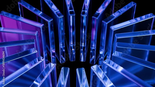 Infinity Rotating Looping Circle of high-tech Abstract futuristic iridescent glass shapes circle with neon reflections glossy transparent panels and curved ribbons on dark tech background for UI web a