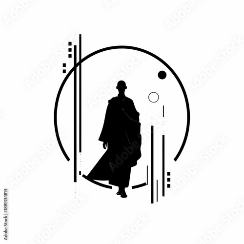 Minimalist black silhouette of a contemplative spiritual figure in robes walking within a geometric circle design, serene and peaceful.