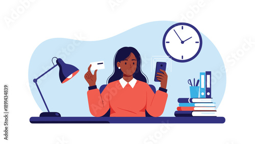 Professional black woman sitting at her office desk holding a credit card and using a smartphone for online shopping or digital banking.
