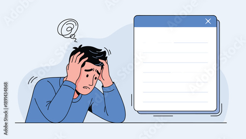 Stressed and frustrated man sitting at a desk with his hands on his head next to a blank browser window representing work or study problems.