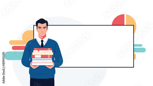 Serious man in a blue sweater and tie holding a stack of colorful books while standing in front of a large blank white advertising banner.