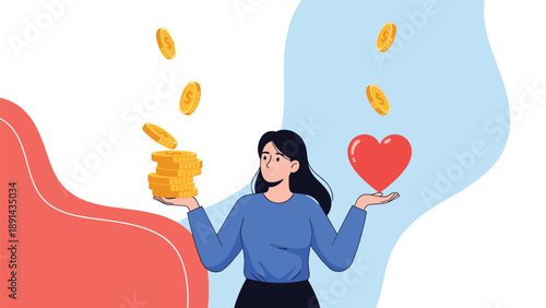 Young woman balancing a stack of gold coins and a red heart icon in her hands to represent the concept of healthy work-life balance.