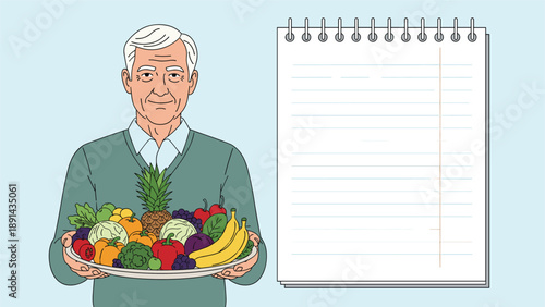 Smiling senior man holding a large platter of healthy fresh fruits and vegetables next to a blank spiral notebook for diet and recipes.