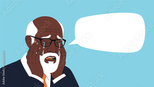Sad and crying senior black man in a business suit with hands on his face next to a blank speech bubble for an emotional message or quote.