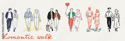 Hand drawn romantic couples celebrating love and relationships for valentines day illustrations and designs