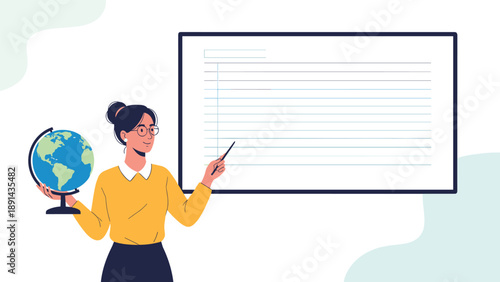 Female teacher wearing glasses holding a globe and pointing at a large blank whiteboard to explain geography or world maps in a classroom.