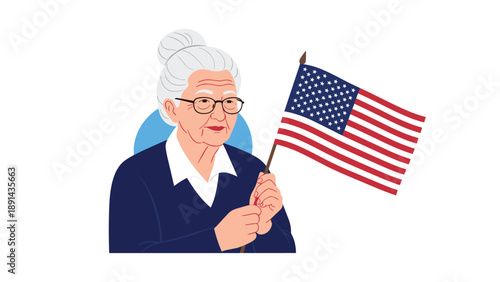 Elderly woman with gray hair and glasses looking thoughtfully while holding a small United States of America flag for a patriotic concept.