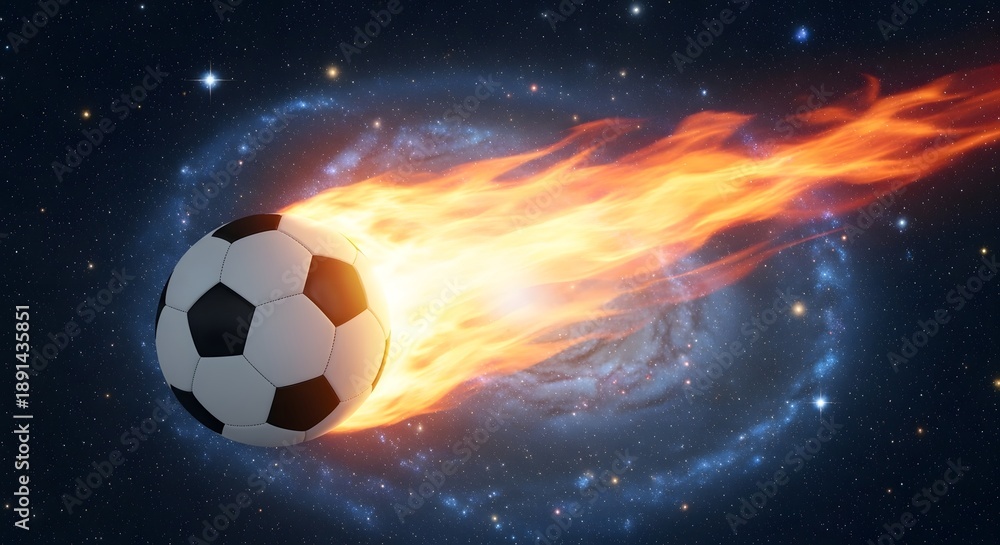Naklejka premium Soccer ball exploding in space with fiery cosmic energy and stars background